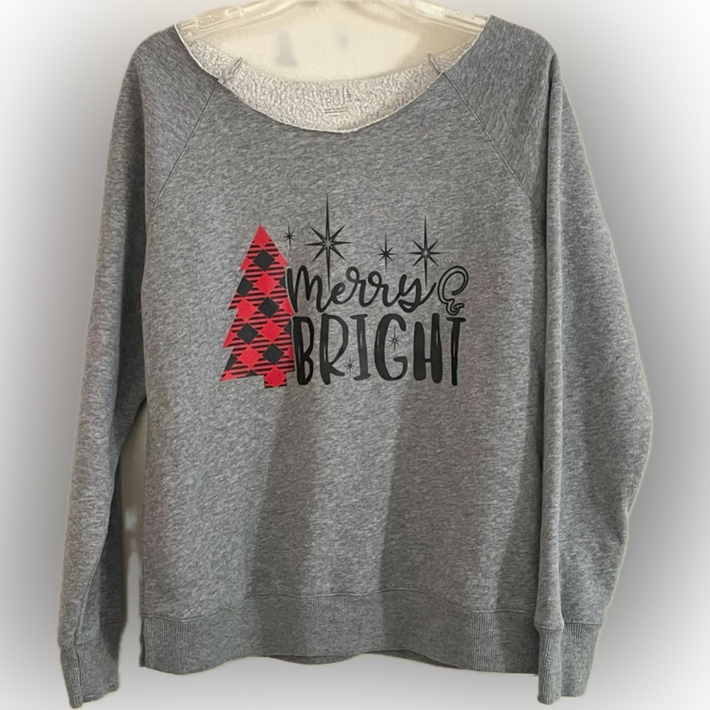 Merry & Bright Cutout Collar Christmas Holiday Red Black Grey Sweatshirt